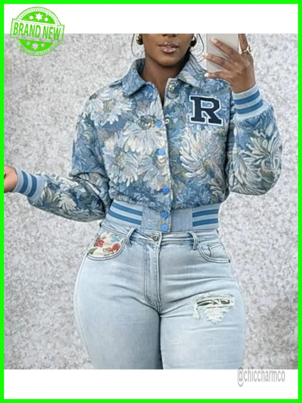 Cropped Bomber Jacket Women Floral Textured Varsity Letter Patch Snap Button